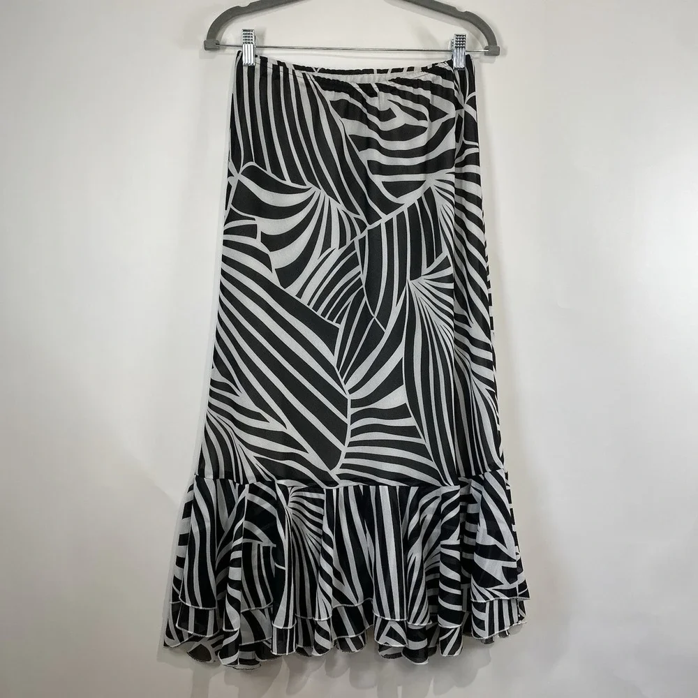 F&A Future Collection Womens Ruffle Midi Skirt Size XL Flare Elastic Waist Zebra